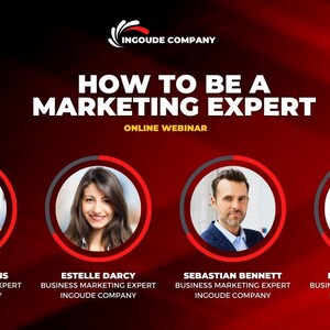 May include: A red and black graphic with the text "LIVE STREAM" and "INGOUDE COMPANY" at the top. The text "HOW TO BE A MARKETING EXPERT" is in large white letters. Below the text is the phrase "ONLINE WEBINAR". Four circular images of people are displayed below the text. Each image has the person's name and title below it.