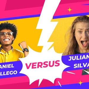 May include: A colorful graphic with two people, a man and a woman, facing each other. The text "VERSUS" is in a white speech bubble. The man's name is "DANIEL GALLEGO" and the woman's name is "JULIANA SILVA".