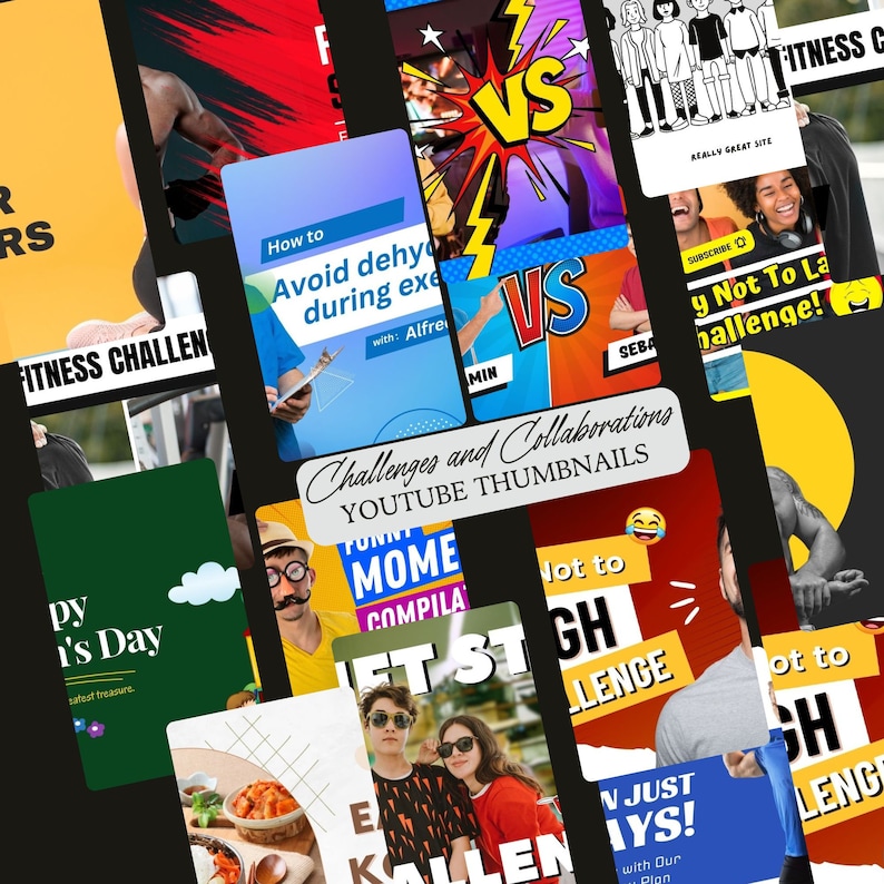 May include: A collage of YouTube thumbnail images for fitness challenges and collaborations. The thumbnails feature various images, including people exercising, motivational text, and funny memes. Some of the text includes "Fitness Challenge", "How to Avoid Dehydration During Exercise", "Funny Meme", "Not to Laugh Challenge", and "Let's Get Strong".
