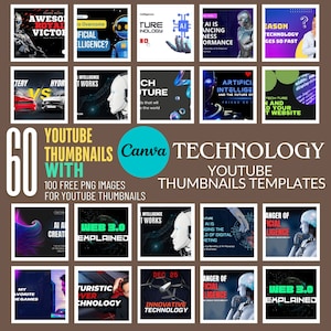 Puede incluir: Una colección de 60 plantillas de miniaturas de YouTube para videos de tecnología. Las miniaturas presentan varias imágenes y textos relacionados con la tecnología, como la IA, la Web 3.0 y robots futuristas. Las miniaturas están diseñadas para ser llamativas y atractivas, y son perfectas para promocionar contenido relacionado con la tecnología en YouTube.