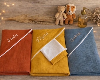 Bath set - Personalized bath cape - baby/child - bath towel and washcloth - double gauze and bamboo - choice of colors