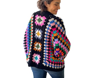 NEW! Colorful Granny Square Crochet Cardigan – Handmade Angora Yarn Open Front Boho Sweater, Cozy Retro Statement Jacket for Women