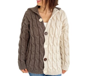 Knit Cardigan, Wool Cardigan, Cable Knit Cardigan, Bicolor