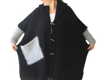 Plus Size Over Size Black Mohair Overcoat - Poncho - Pelerine with Hood and Gray Pocket