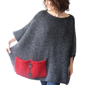 Plus Size - Over Size Sweater Dark Gray - Red Hand Knitted Sweater with Pocket Tunic - Sweater Dress by Afra