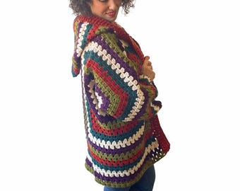 NEW! Granny Square Crochet Cardigan – Handmade Angora Yarn Open Front Boho Sweater, Cozy Retro , Plus Size Jacket, Plus Size