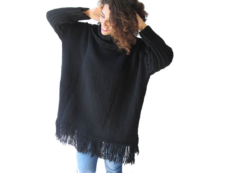 Black Fringed Turtelneck Sweater Dress Plus Size Sweater - Etsy