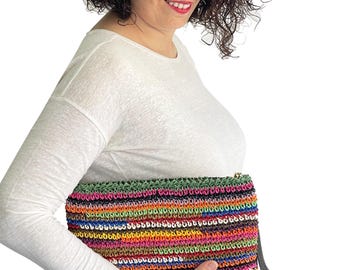 One of a Kind Crochet Clutch Bag with Chain Strap – Colorful Handmade Paper Yarn Purse, Leather Lined Shoulder Bag, 35 cm Statement Bag