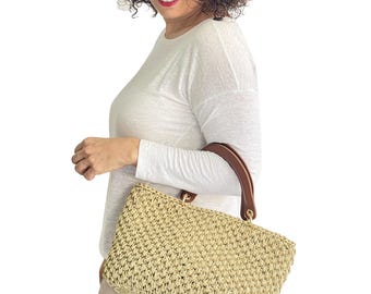 Handmade Straw Bag, Crochet Raffia Handbag, Natural Summer Tote with Leather Handles, Boho Women’s Top Handle Bag