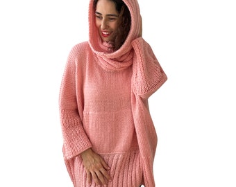 Angora Sweater, Knit Sweater, Oversize Sweater, Plus Size Sweater, Accordion Neck Sweater, Kangaroo Pocket