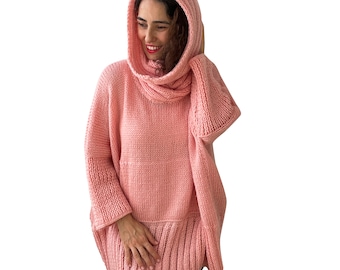 Angora Sweater, Knit Sweater, Oversize Sweater, Plus Size Sweater, Accordion Neck Sweater, Kangaroo Pocket