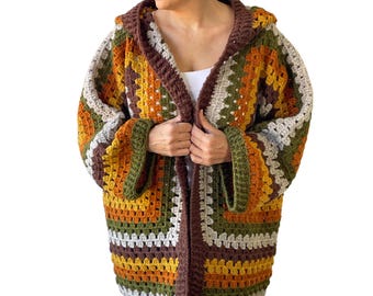 NEW! Granny Square Crochet Cardigan – Handmade Angora Yarn Open Front Boho Sweater, Cozy Retro , Plus Size Jacket, Plus Size