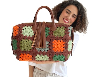 Crochet Bag, Zippered Crochet Bag, Adjustable Leather Strap, Speedy bag, Vintage Bag, Hippie, Boho Bag