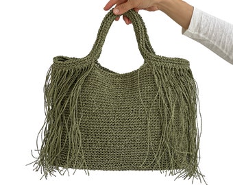 Boho Bag, Casual Shoulder Bag, Luxury Bag, Designer Bag, Fringe, Knitted Bag, Beach Bag, Summer Bag, Big Crochet Bag, Straw Bag