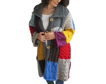 Harry Style, Jw Anderson Cardigan, Patchwork Cardigan, Hand Knit Cardigan, Wool Woman Cardigan, Oversize Cardigan,  Plus Size Cardigan