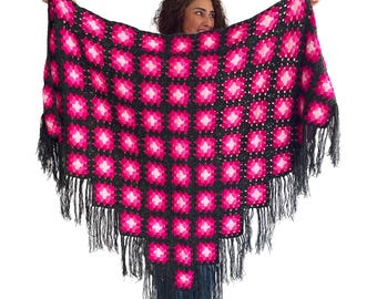 Vintage Crochet Granny Square Shawl, Charcoal Gray and Pink Floral Wrap, Handmade Boho Scarf with Long Fringe, Cozy Winter Shawl