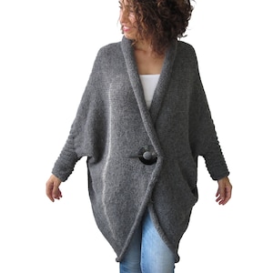 Plus Size Over Size Alpaca Wool Hand Knitted Dark Gray Wrap Sweater Cardigan