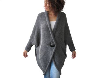 Plus Size Over Size Alpaca Wool Hand Knitted Dark Gray Wrap Sweater Cardigan