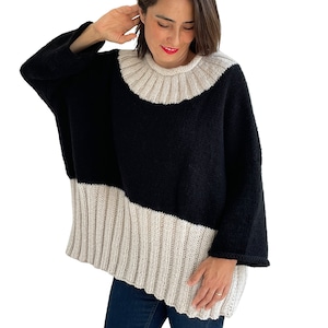 Angora Sweater, Hand Knit Sweater, Deep Crew-Neck Sweater, Plus Size Sweater, Oversize Sweater, Black Woman Sweater