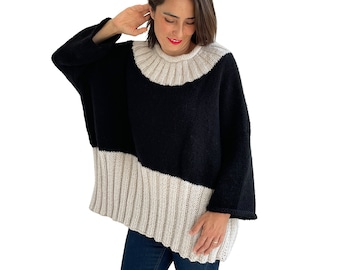 Angora Sweater, Hand Knit Sweater, Deep Crew-Neck Sweater, Plus Size Sweater, Oversize Sweater, Black Woman Sweater