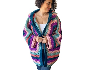 NEW! Granny Square Crochet Cardigan – Handmade Angora Yarn Open Front Boho Sweater, Cozy Retro , Plus Size Jacket, Plus Size