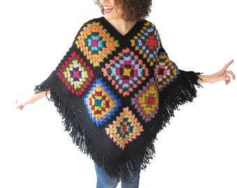 Crochet Poncho, Afghan Poncho, Granny Square, Oversized Poncho, Wool Poncho, Woman Poncho, Multi Color, Woman Knitwear, Wool Overcoat