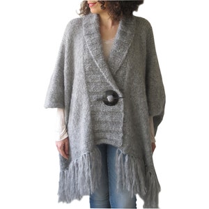 Plus Size Cardigan, Plus Size Kimono Cardigan, Wool Hand Knitted Cardigan, Oversized Cardigan, Blanket Cardigan with Fringes, Fringe