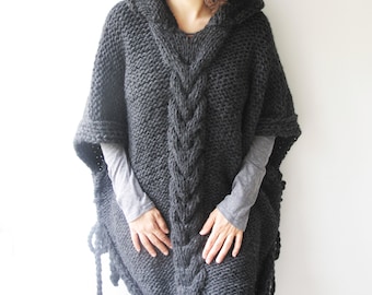 Dark Gray Plus Size Cable Knit Poncho with Hoodie  by Afra