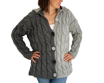 Knit Cardigan, Wool Cardigan, Cable Knit Cardigan, Bicolor Cardigan, Cable Knit Bomber, Cozy Warm Cardigan