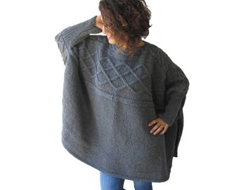 Over Size Sweater, Boyfriend Sweater, Plus Size Sweater, Loose Fit Sweater, Dark Gray, Hand Knitted Sweater