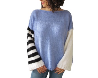 Wool Sweater, Angora Sweater, Hand Knit Sweater, Oversize Sweater, Stripe Sweater, Winter Fluffy Knit Pullover