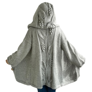 Hand Knit Overcoat, Knit Cardigan, Maxi Cardigan, Casual Cardigan, Hooded Coat, Hooded Knitted Coat, Long Cardigan, Gray, Wool Overcoat