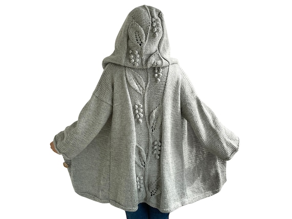 Hand Knit Overcoat, Knit Cardigan, Maxi Cardigan, Casual Cardigan, Hooded Coat, Hooded Knitted Coat, Long Cardigan, Gray, Wool Overcoat