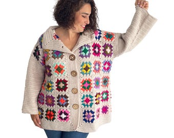 NEW! Handmade Crochet Cardigan Jacket, Granny Square Sweater, Boho Winter Cardigan, Colorful Crochet Coat, Limited Edition