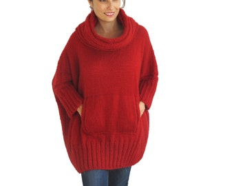 Red Hand Knitted Sweater with Accordion Hood and Pocket Plus Size Over Size Tunic - Dress Sweater by Afra