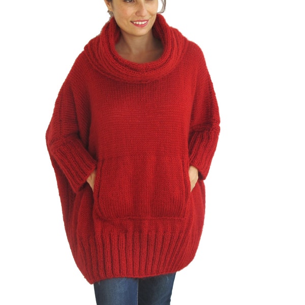 Red Hand Knitted Sweater with Accordion Hood and Pocket Plus Size Over Size Tunic - Dress Sweater by Afra