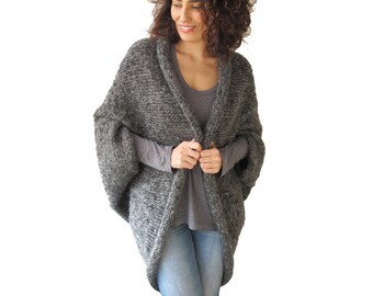 Plus Dimensione Marrone Scuro Lana Mano Maglia Poncho