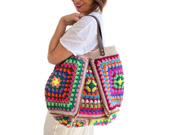 Crochet Bag, Woman Bag, Granny Square Bag, Knit Bag, Vintage Knit Purse, Boho Style Bag, Hippi Bag, Festival Bag