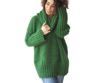 Green Hand Knitted Sweater with Accordion Hood and Pocket Plus Size Over Size Tunic - Dress Sweater by Afra