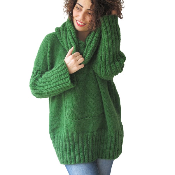 Green Hand Knitted Sweater with Accordion Hood and Pocket Plus Size Over Size Tunic - Dress Sweater by Afra