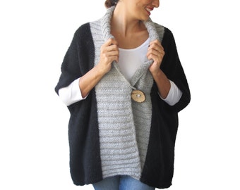 Black - Light Gray Mohair Cardigan with Big Coconut Button by Afra Plus Size Over Size