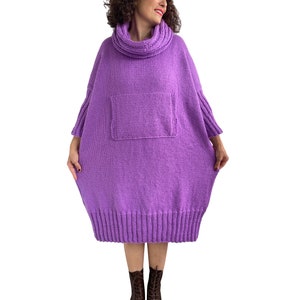 Wool Dress, Hand Knitted Dress, Plus Size Dress, Over Size Dress, Kangaroo Pocket, Lilac Wool Dress, Plus Size Clothing, Oversized