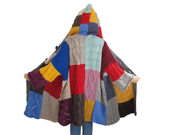 Patchwork Cardigan, Hand Knit Cardigan, Wool Woman Cardigan, Oversize Cardigan, One of a Kind, Slouchy Cardigan, Plus Size Cardigan