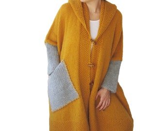NEW! Plus Size Over Size Yellow Mohair Overcoat - Poncho - Pelerine with Hood and Gray Pocket