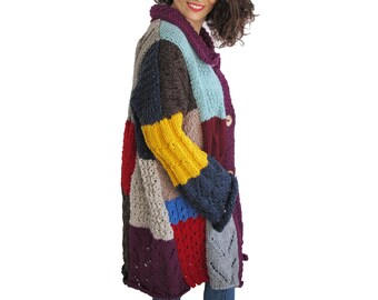 Patchwork Cardigan, Hand Knit Cardigan, Wool Woman Cardigan, Oversize Cardigan, One of a Kind, Slouchy Cardigan, Plus Size Cardigan