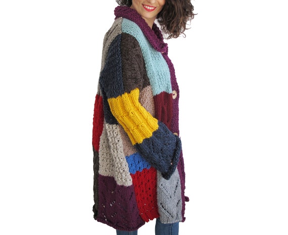 Patchwork Cardigan Hand Knit Cardigan Wool Woman Cardigan