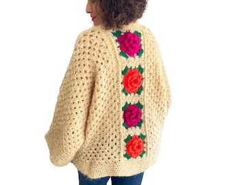 Handmade Crochet Angora Cardigan, Floral Rose Back Jacket, Boho Open Front Sweater, Oversized Women's Knitwear, Plus Size L-3XL