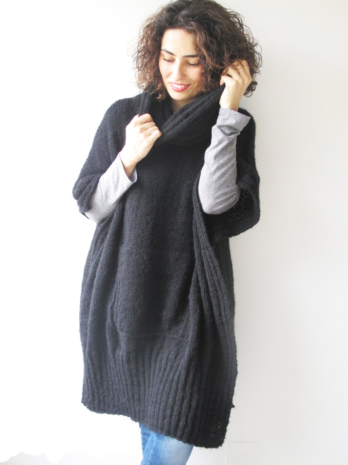 Black Plus Size Over Size Mohair Hand Knitted Poncho With - Etsy