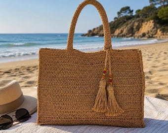 Hand Crochet Beach Bag, Raffia Tote Bag, Straw Summer Bag, Large Beach Tote, Handmade Paper Yarn Bag, Boho Beach Purse, Resort Bag