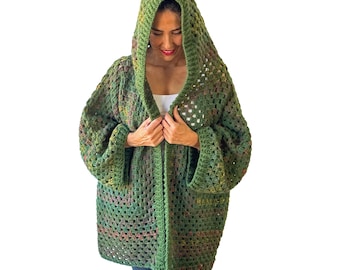 NEW! Ombre Green Granny Square Crochet Cardigan – Handmade Angora Yarn Open Front Boho Sweater, Cozy Retro , Plus Size Jacket, Plus Size
